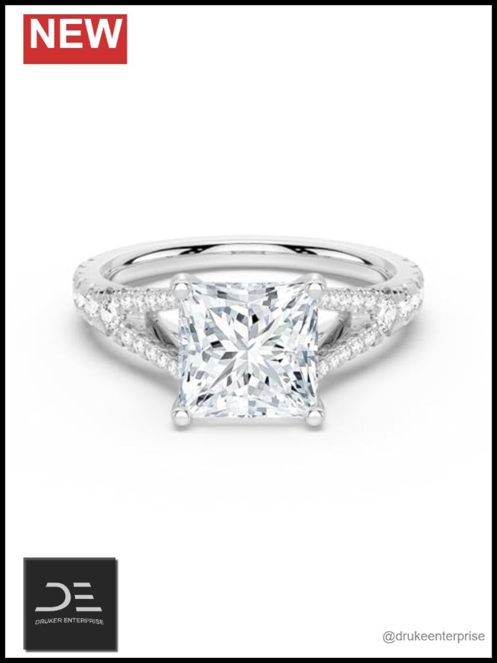 2ct Princess Cut Moissanite Engagement Ring S925 Sterling Silver Rhodium Plated